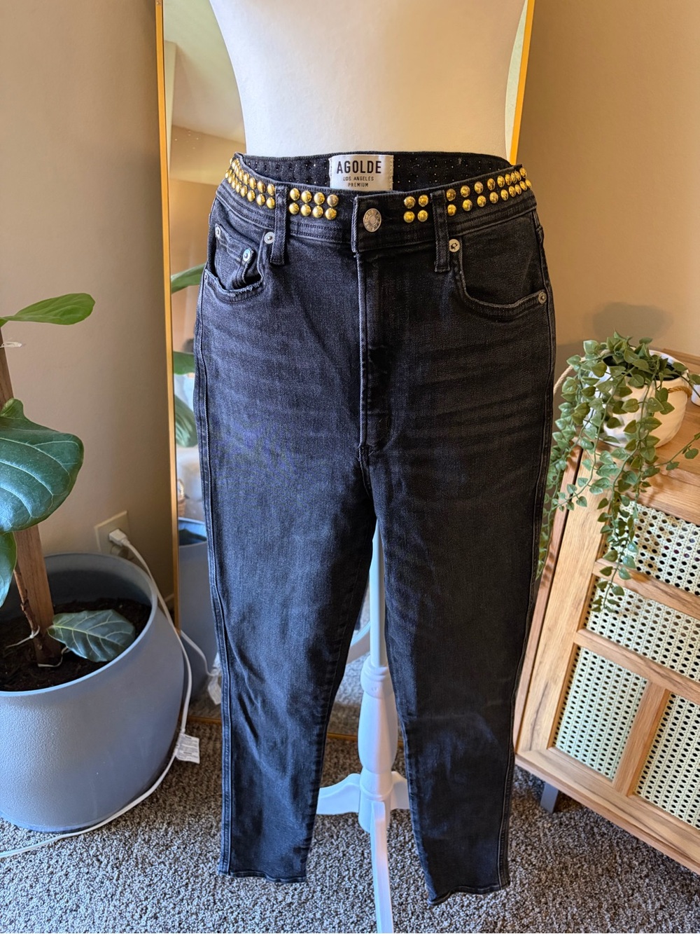 Agolde High-Rise Black Jeans with Gold Stud Waistband